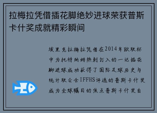 拉梅拉凭借插花脚绝妙进球荣获普斯卡什奖成就精彩瞬间